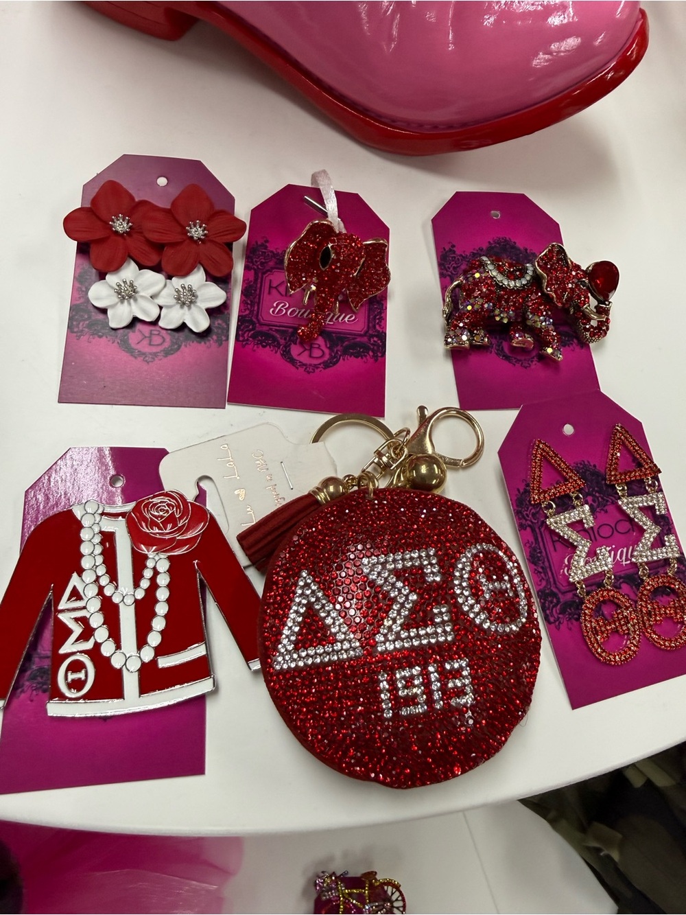 New 6 PC Red Delta Sigma Theta Rhinestone Keychain, Earrings, Ring, Brooch